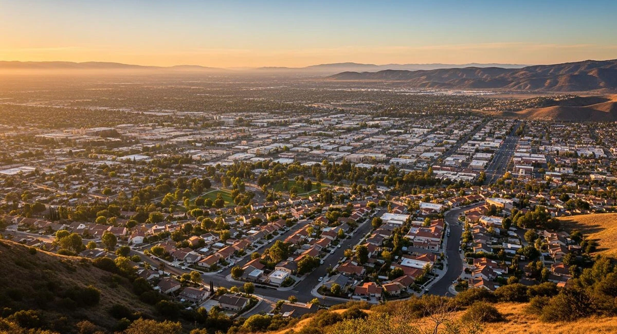 Aerial sunset view of Fletcher Hills, La Mesa with the residential neighborhood and East County valley behind, the home neighborhood of James Martial Arts Academy at 2356 Fletcher Pkwy