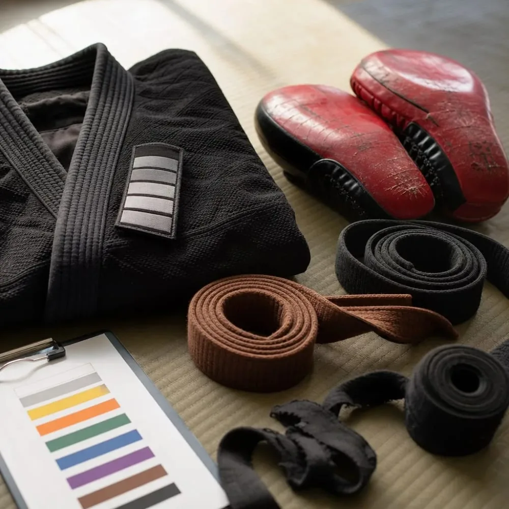 Gi uniform, belts, and focus mitts laid on dojo mat in El Cajon