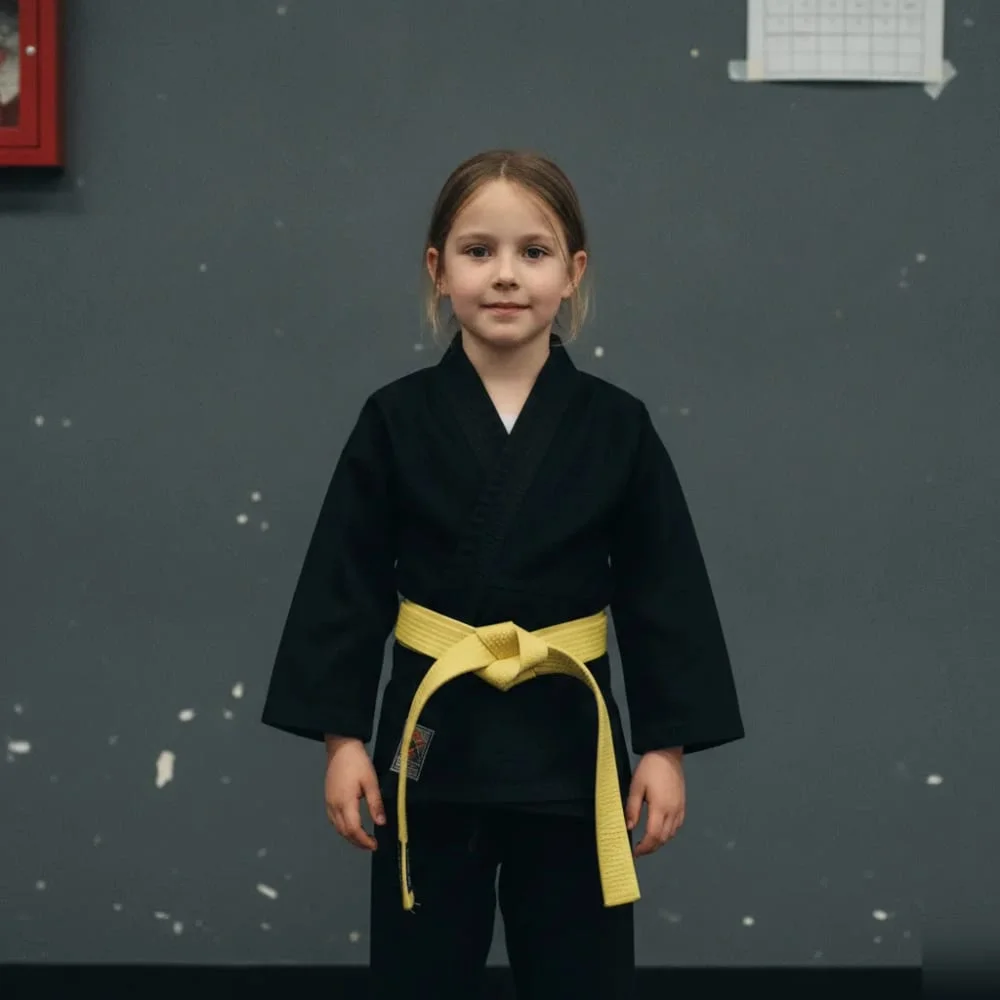 Young student wearing a new yellow belt after a Kosho-Ryu promotion in El Cajon