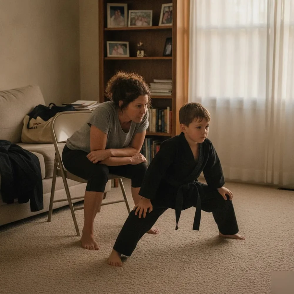 Boy practicing a Kosho-Ryu stance at home while his mother watches, in El Cajon