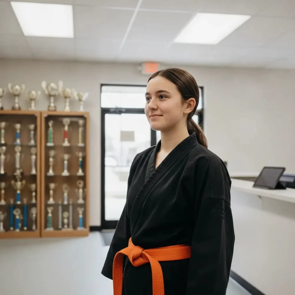 Teen girl in a black gi with an orange belt after a martial arts tryout class in El Cajon