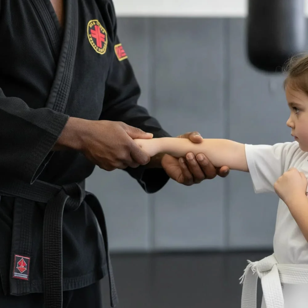 Instructor’s hands correcting a child’s punch form during a martial arts tryout class in El Cajon